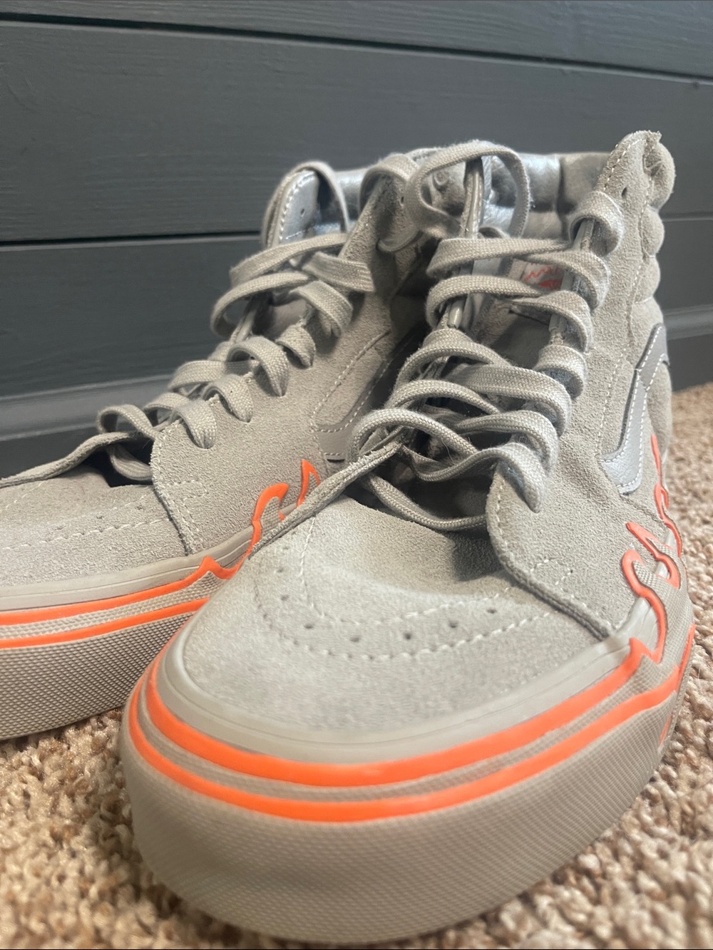 Vans Men’s High-Top Suede Sneakers - Gray Suede with Orange Flame - Picture 3 of 7